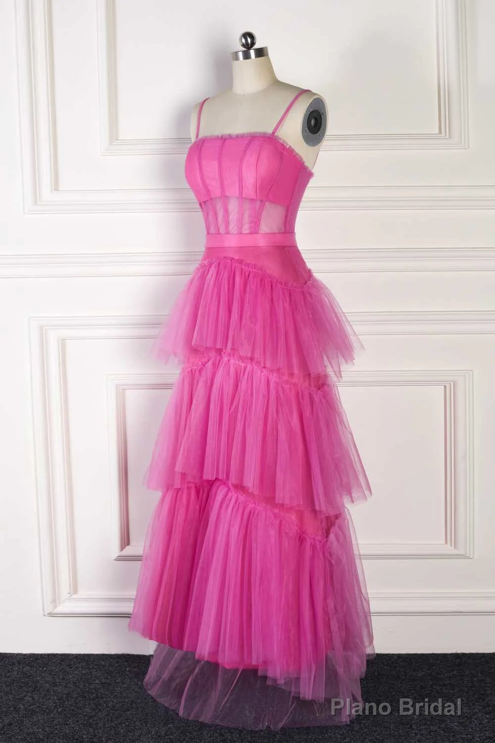Hot Pink Spaghetti Straps A-Line Tulle Tiered Long Party Dress