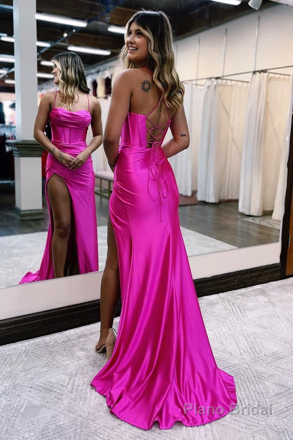 Hot Pink Spaghetti Straps Satin Mermaid Prom Dress with Slit Secondary image