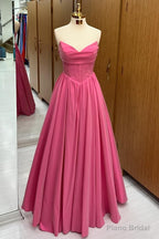 Hot Pink Strapless Lace-Up A-Line Long Formal Dress