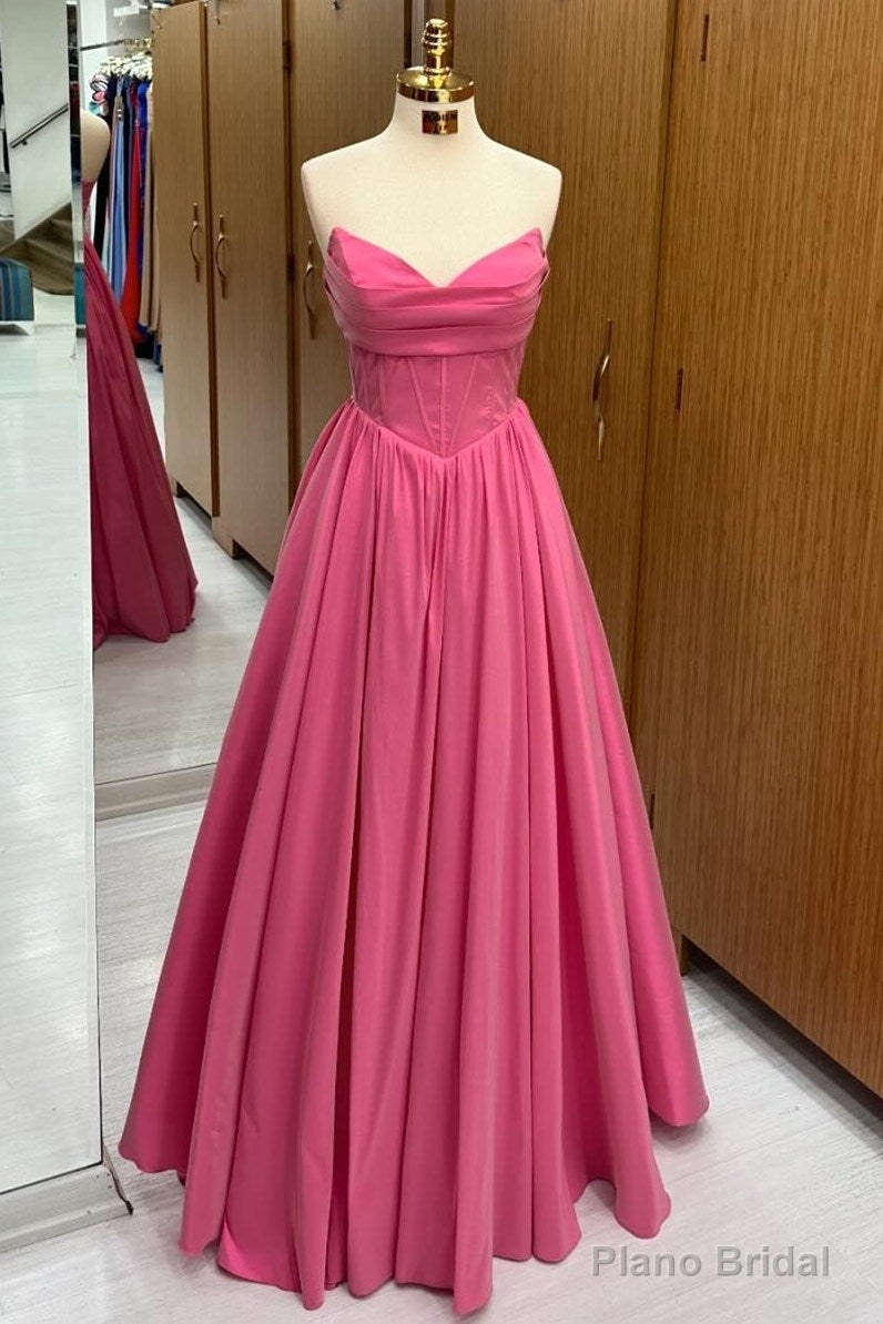 Hot Pink Strapless Lace-Up A-Line Long Formal Dress