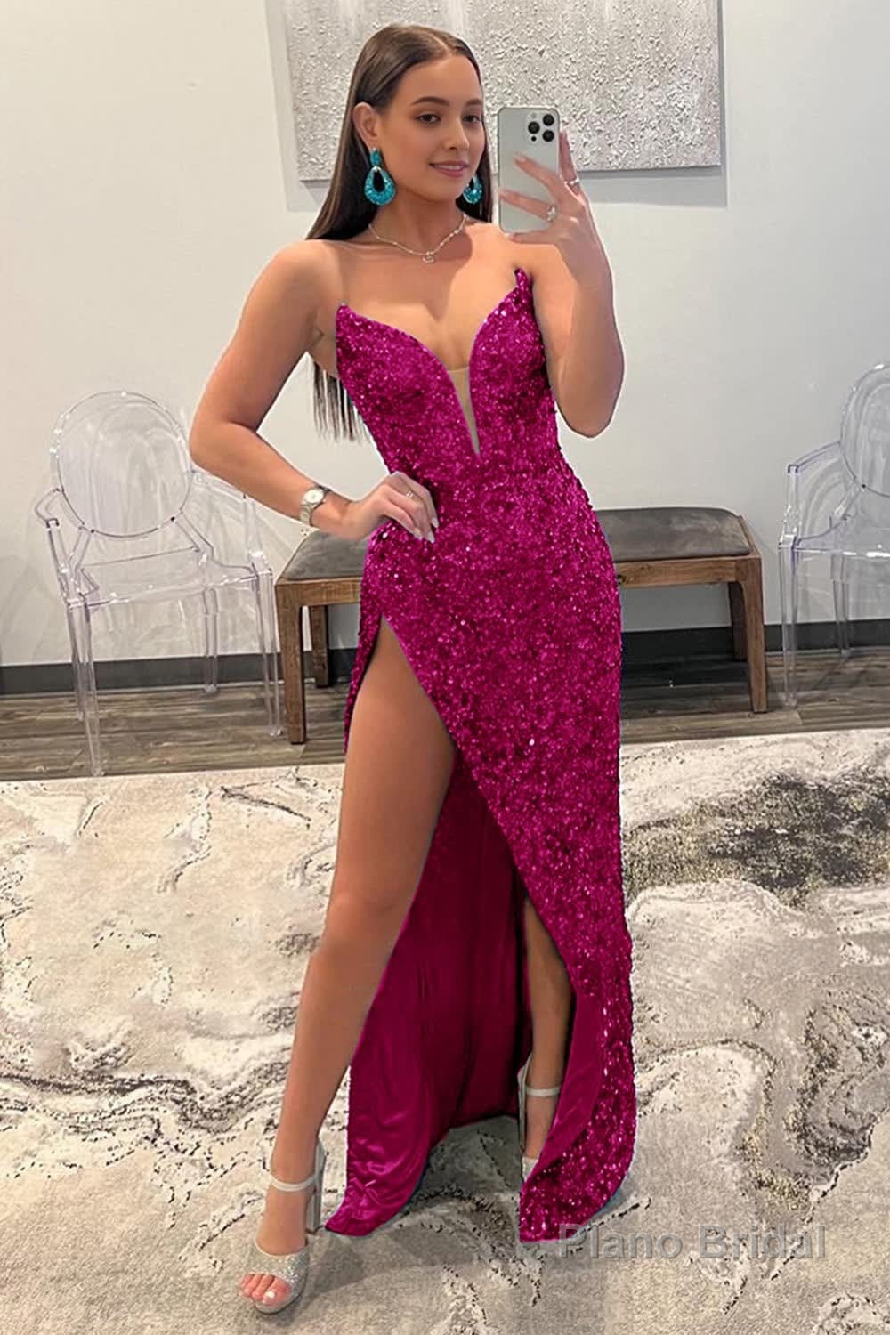 Hot Pink Strapless Sequin Prom Dress with Slit Main image