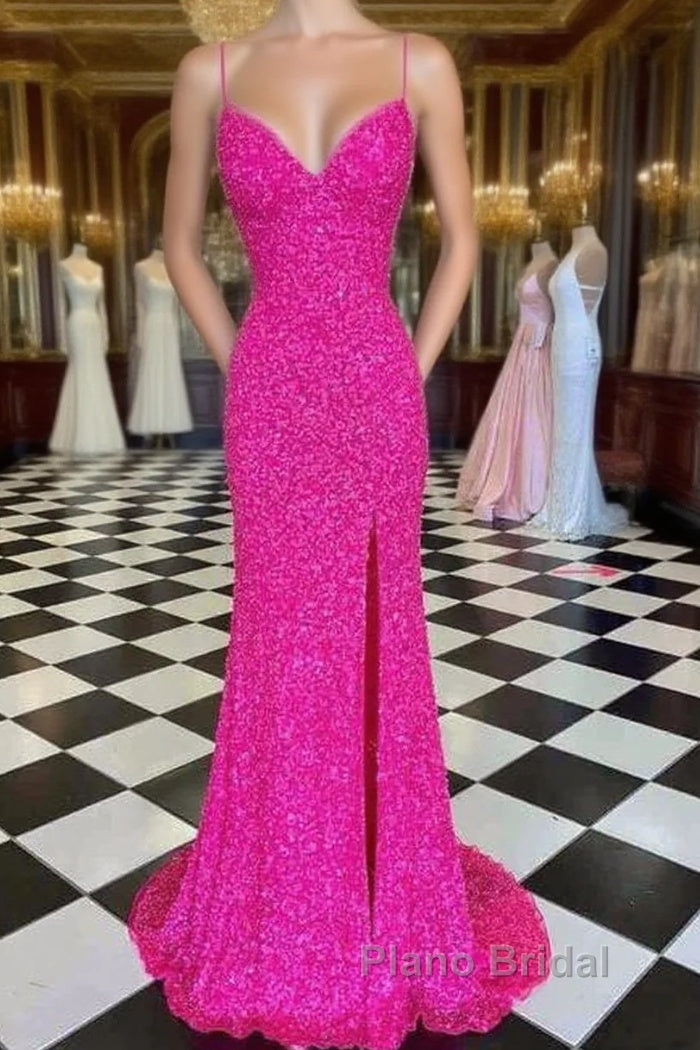 Hot Pink Straps Formal Prom Dresses With Slit