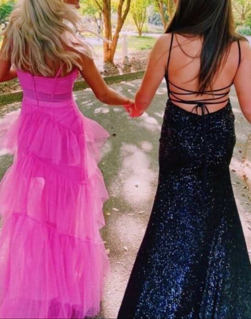 Hot Pink Straps Tiered A-Line Long Formal Prom Dresses