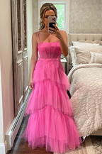 Hot Pink Straps Tiered A-Line Long Formal Prom Dresses