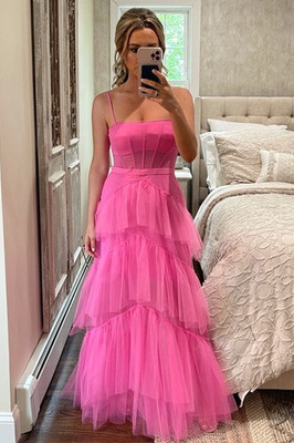 Hot Pink Straps Tiered A-Line Long Formal Prom Dresses