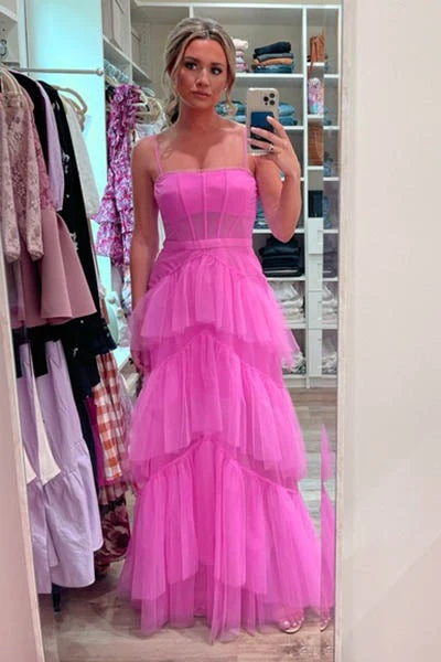 Hot Pink Straps Tiered A-Line Long Formal Prom Dresses
