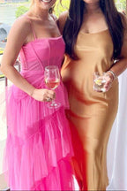 Hot Pink Straps Tiered A-Line Long Formal Prom Dresses