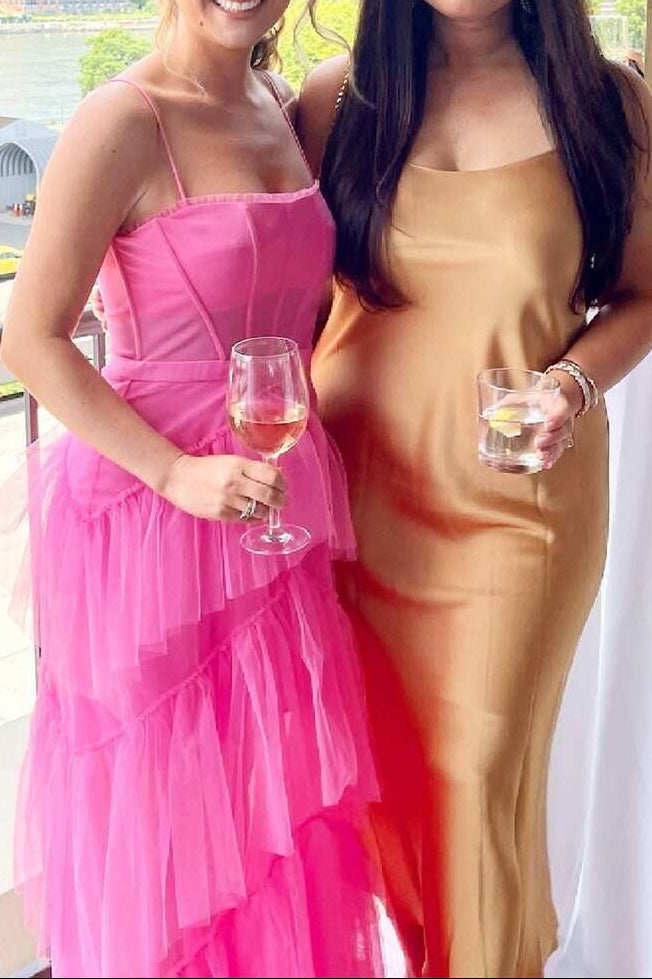 Hot Pink Straps Tiered A-Line Long Formal Prom Dresses