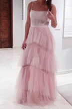 Hot Pink Straps Tiered A-Line Long Formal Prom Dresses