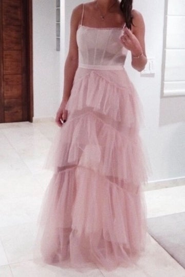 Hot Pink Straps Tiered A-Line Long Formal Prom Dresses
