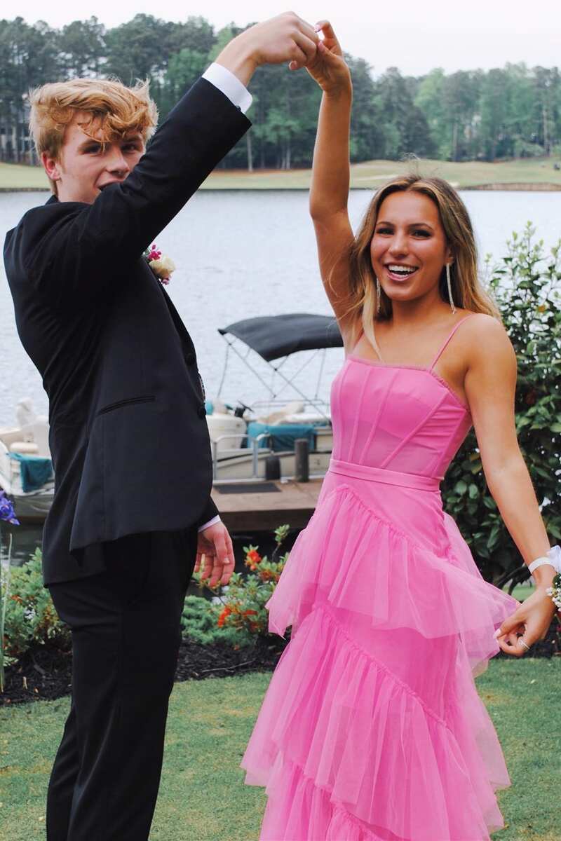 Hot Pink Straps Tiered A-Line Long Formal Prom Dresses Main image