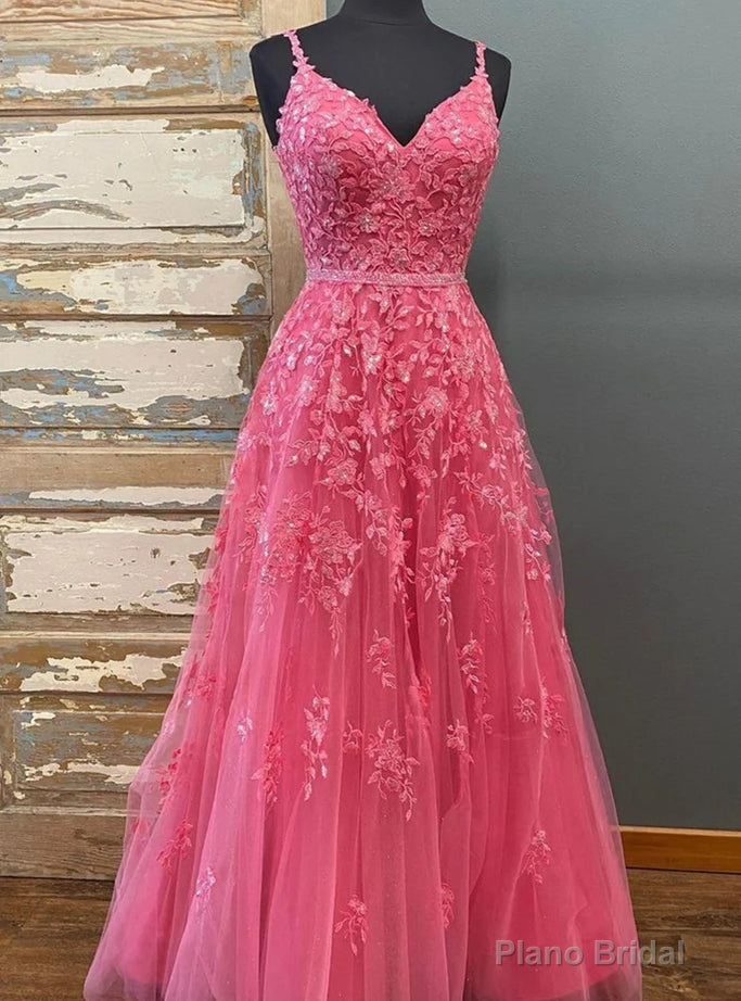 Hot Pink Tulle Beading Spaghetti Straps Prom Dress Main image