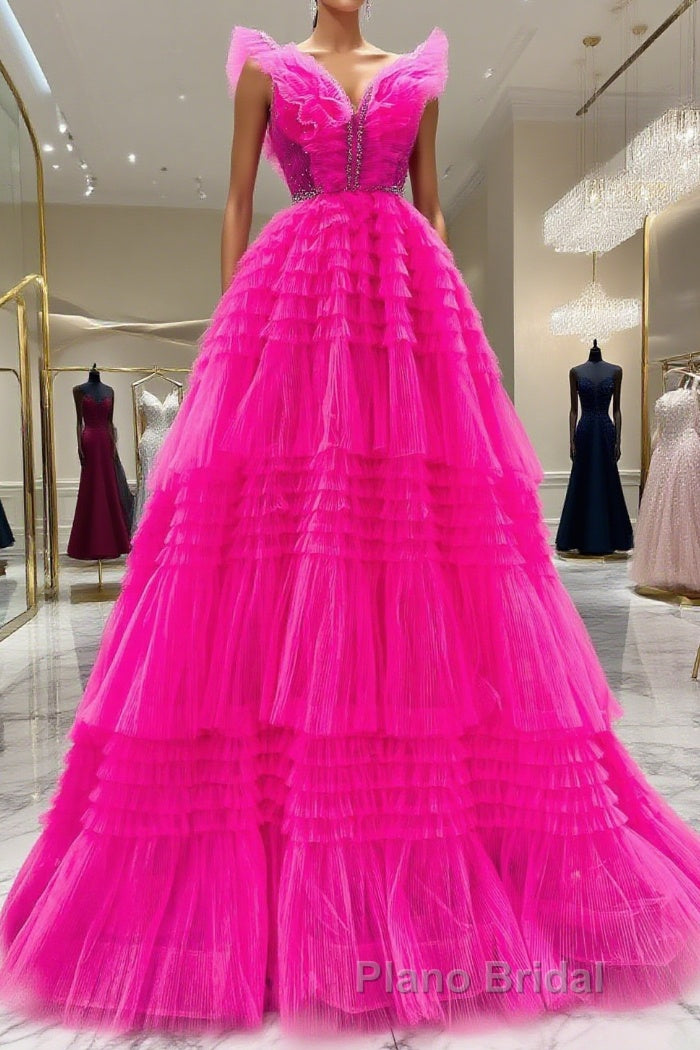 Hot Pink Tulle Long Formal Prom Dresses, Hot Pink Long Formal Graduation Dresses Main image