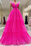 Hot Pink Tulle Long Formal Prom Dresses, Hot Pink Long Formal Graduation Dresses