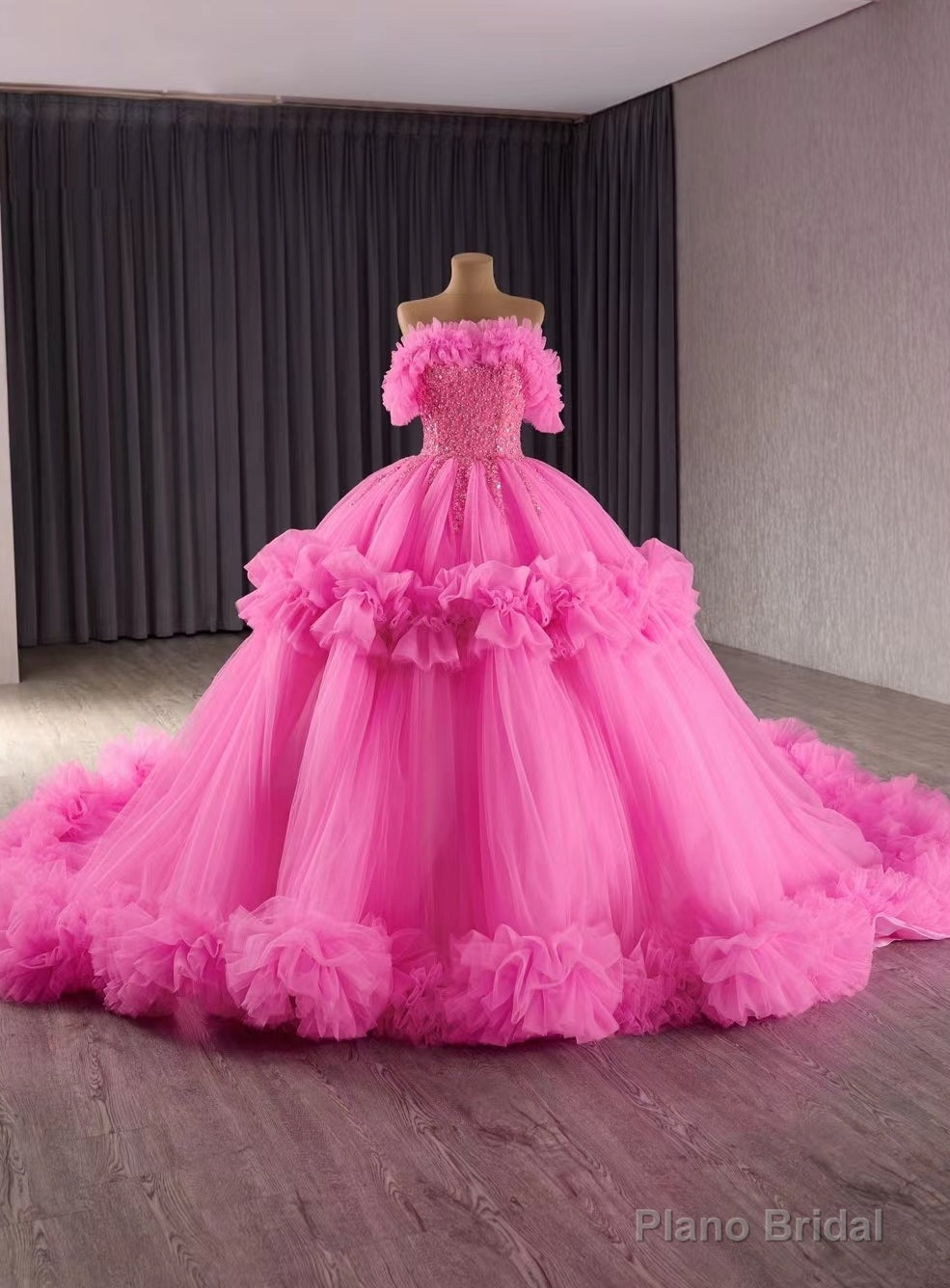 Hot Pink Tulle Off the Shoulder Sequins Prom Dress Main image