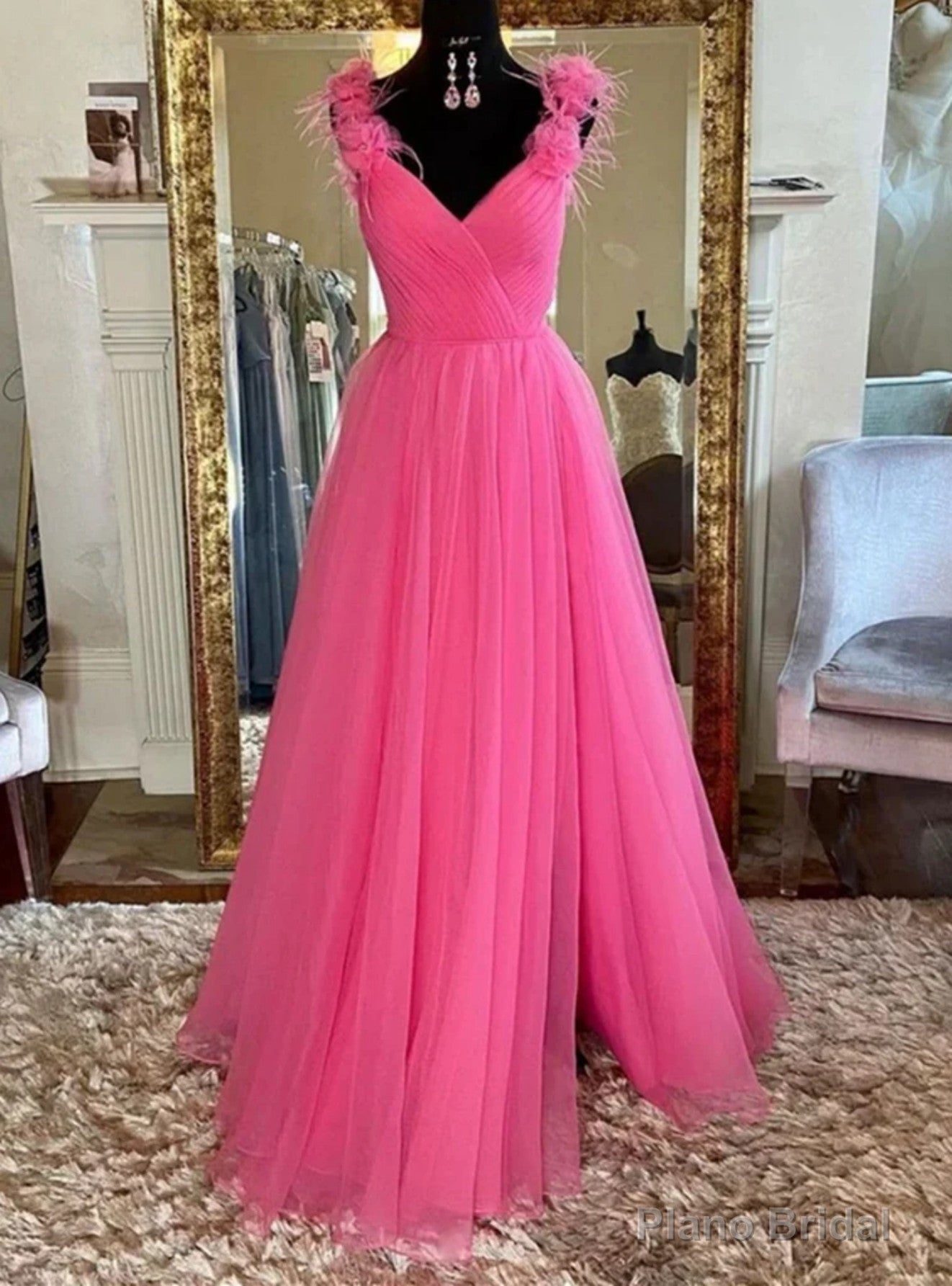 Hot Pink Tulle Pleats V-neck Prom Dress Main image