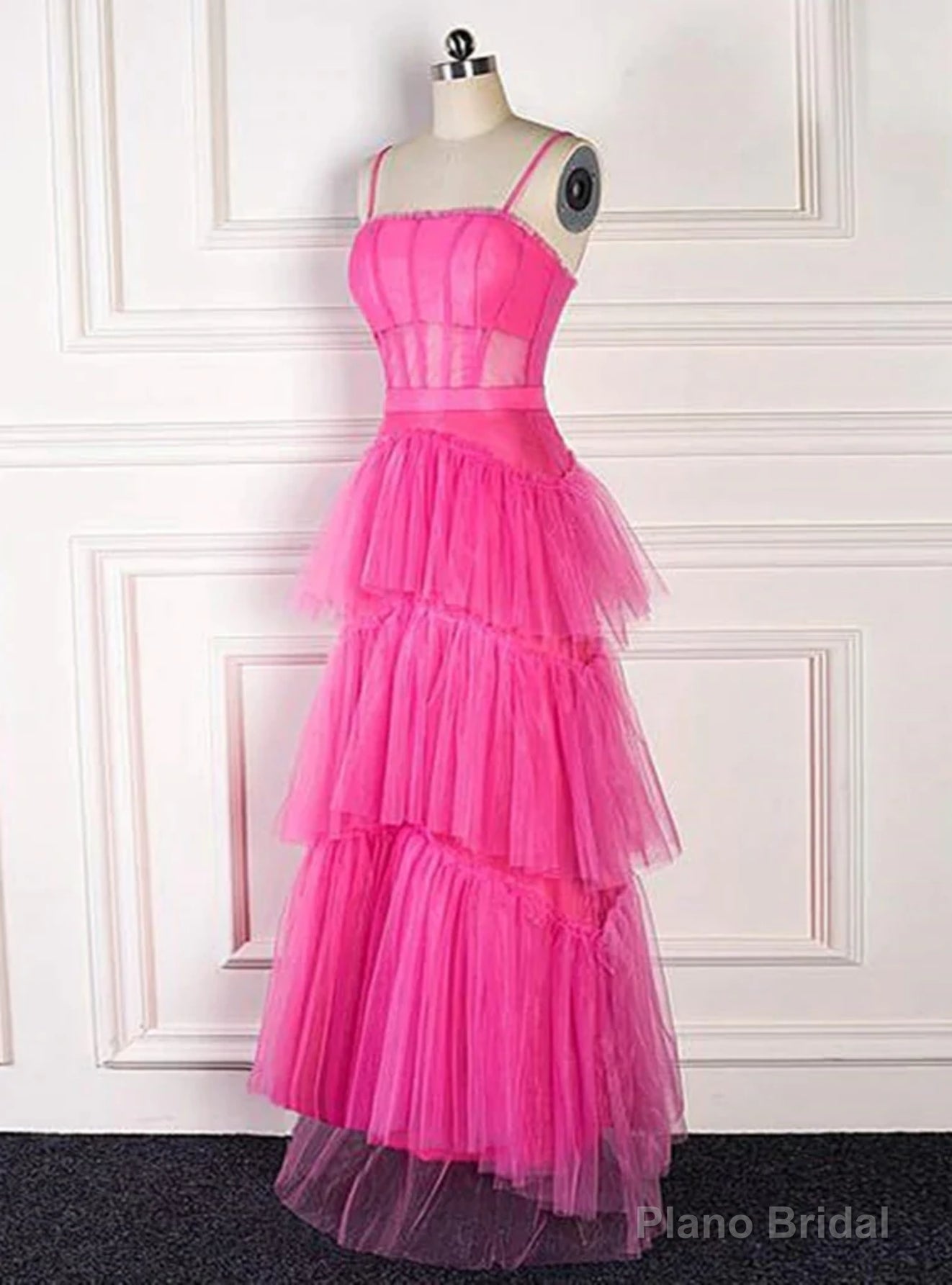 Hot Pink Tulle Spaghetti Straps Tiers Prom Dress Main image