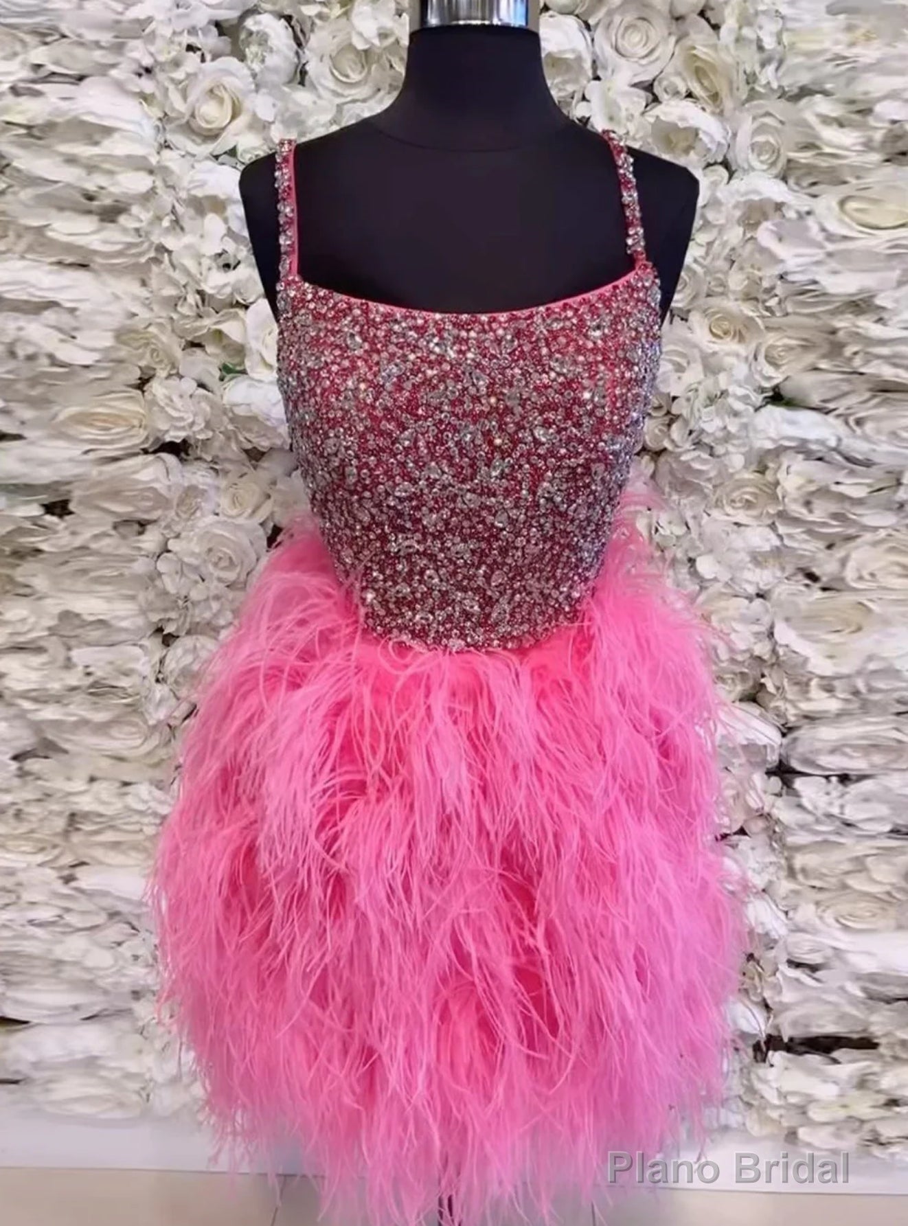 Hot Pink Tulle Straps Feather Beading Homecoming Dress Main image