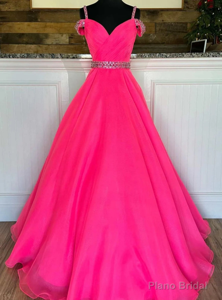 Hot Pink Tulle Straps Pleats Beading Prom Dres Main image