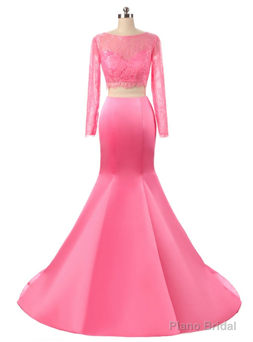 Hot Pink Two Piece Lace Bodice Prom dress With Long Sleeve Custom Made Formal Dress