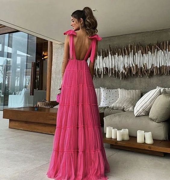 Pink Backless Formal Prom Dresses,  Formal Evening Dresses