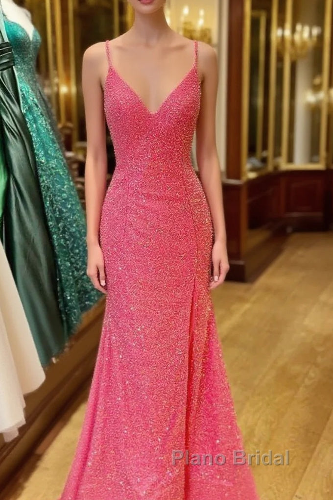 Hot Pink V Neck Sequins Long Formal Prom Dresses Crossed Back Mermaid With Slit Main image