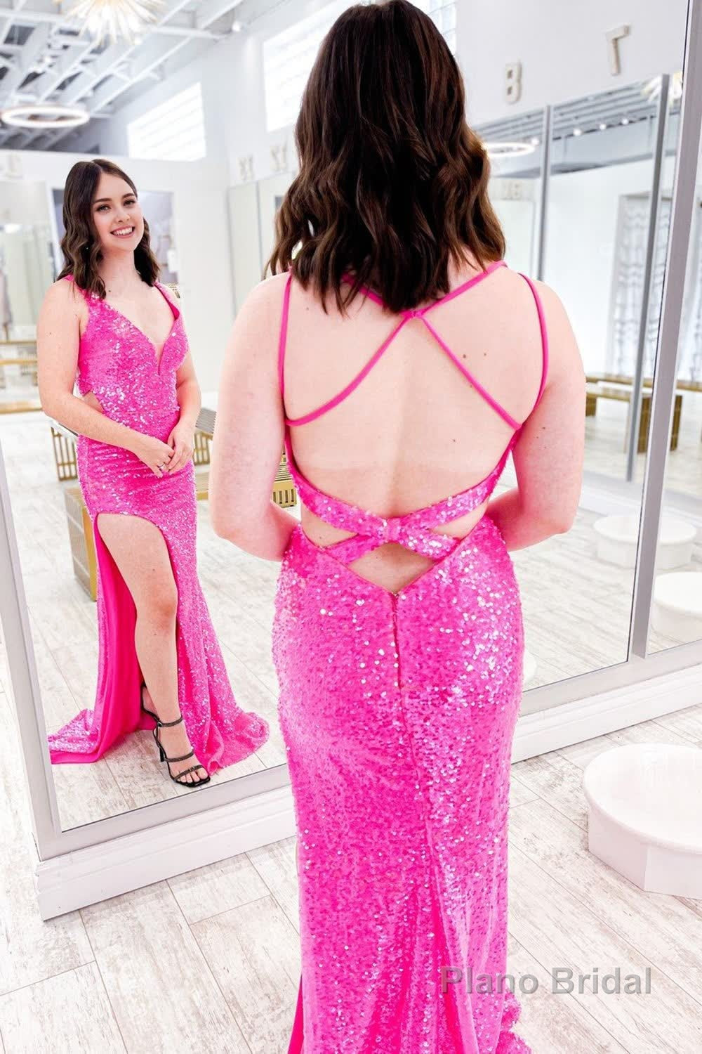 Hot Pink V-Neck Sequins Prom Dress with Slit Secondary image