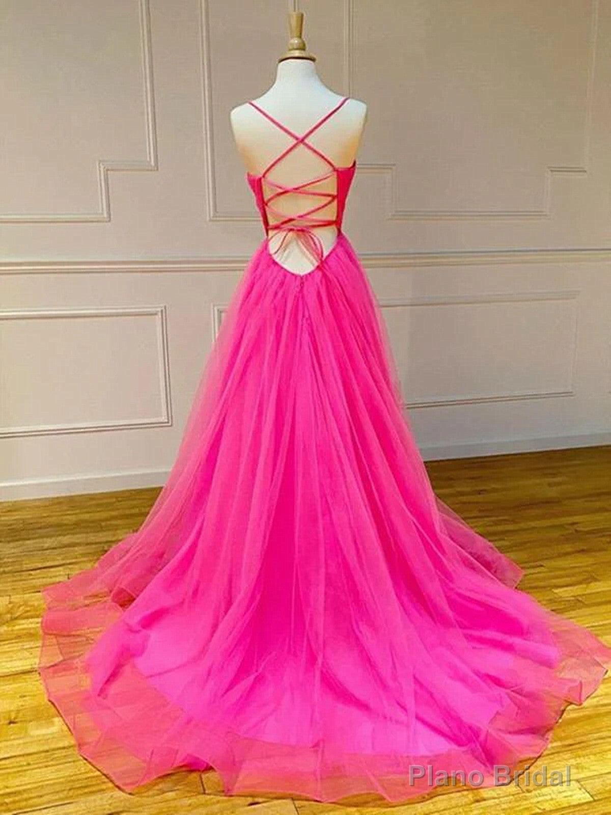 Hot Pink V-neckline Straps Cross Back Party Dress, Tulle Long Prom Dress Secondary image
