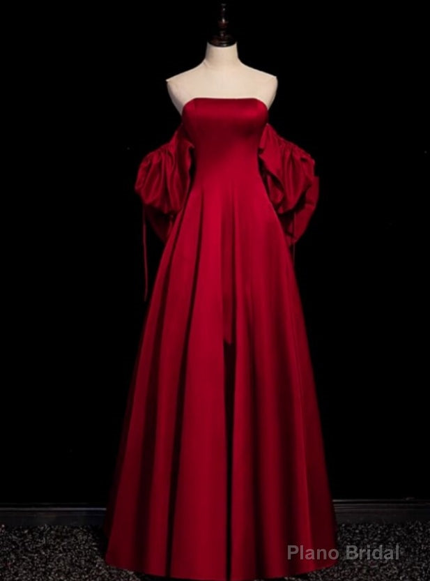 Hot Sale Burgundy Satin Strapless Bow Prom Dress Main image