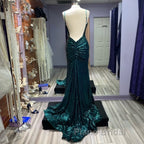 Hot Sequin Emerald Green Formal Prom Dresses Backless Long Evening Dresses
