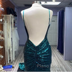 Hot Sequin Emerald Green Formal Prom Dresses Backless Long Evening Dresses