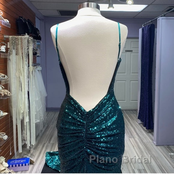 Hot Sequin Emerald Green Formal Prom Dresses Backless Long Evening Dresses
