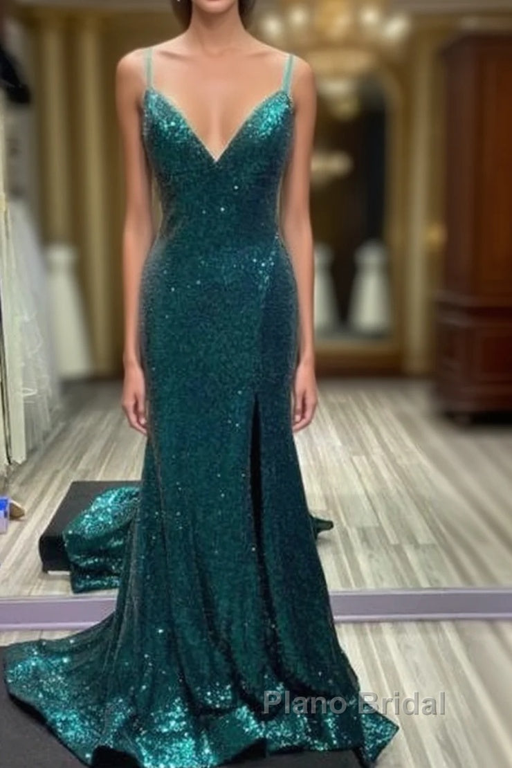 Hot Sequin Emerald Green Formal Prom Dresses Backless Long Evening Dresses Main image