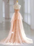 Hot Shiny A line Spaghetti Straps Sleeveless Sequin Tulle Long Prom Dresses