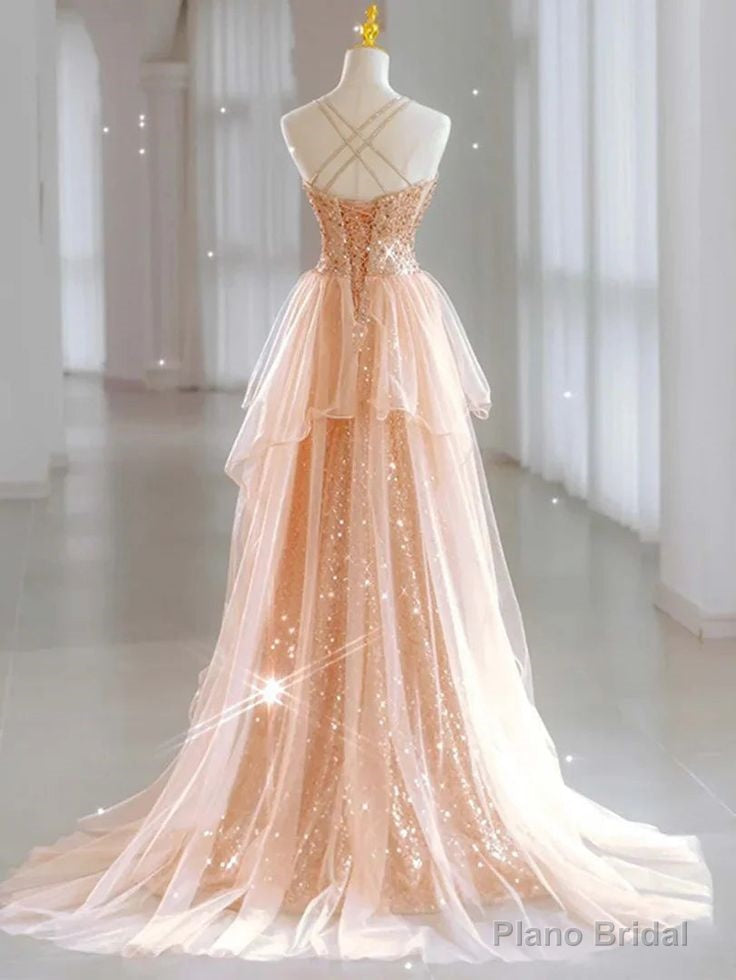 Hot Shiny A line Spaghetti Straps Sleeveless Sequin Tulle Long Prom Dresses Secondary image