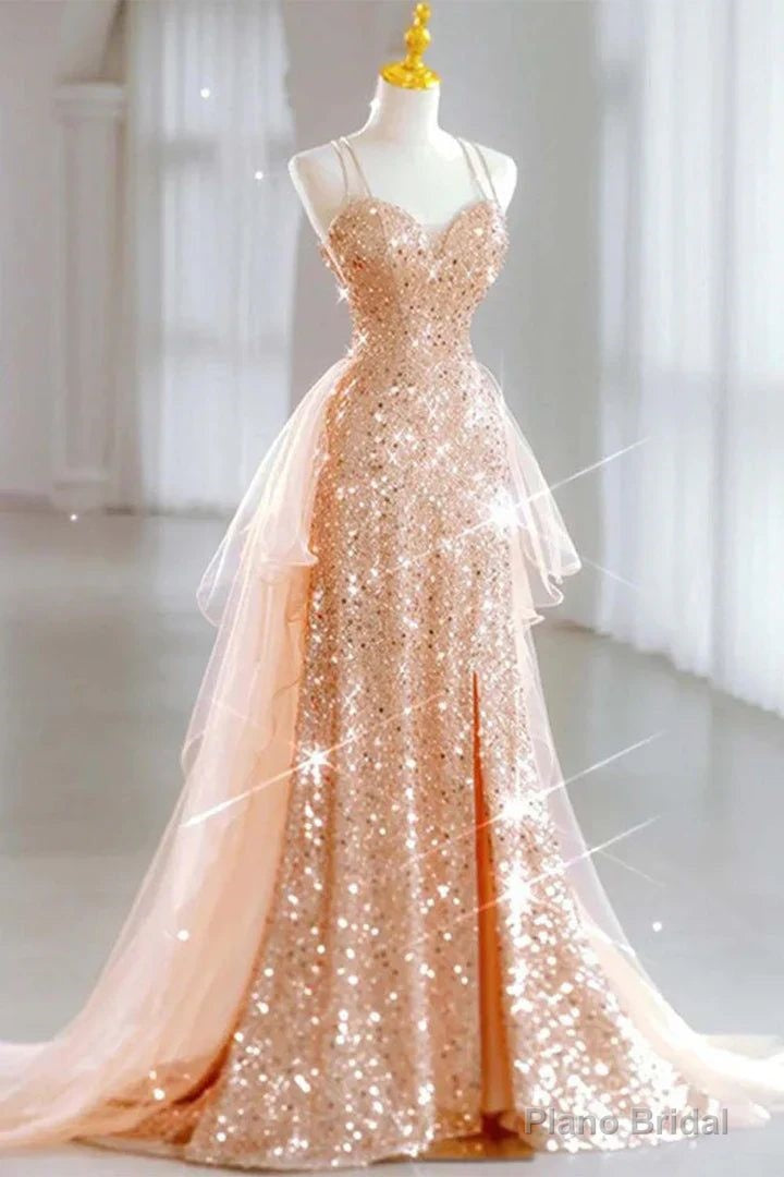 Hot Shiny A line Spaghetti Straps Sleeveless Sequin Tulle Long Prom Dresses Main image