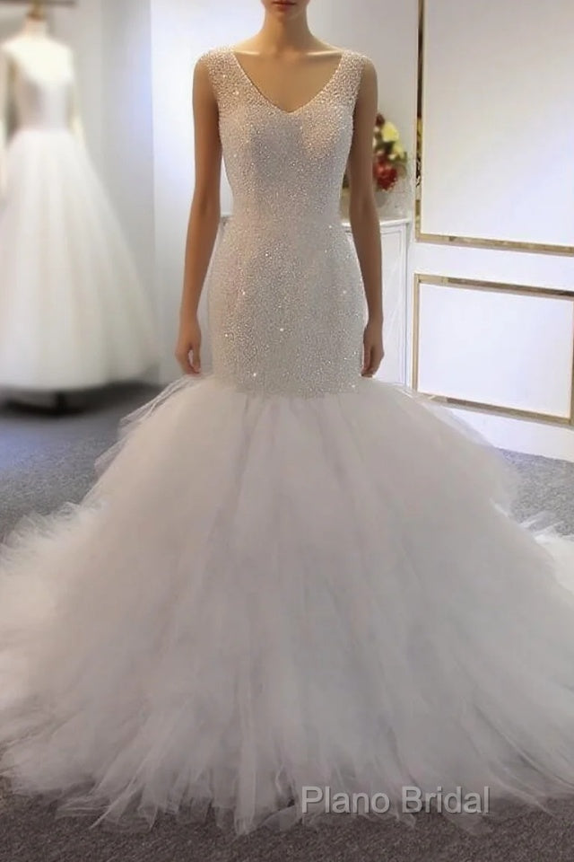 Hot Straps Mermaid Sequin Tulle White Wedding Dresses V Neck With Beadings Main image