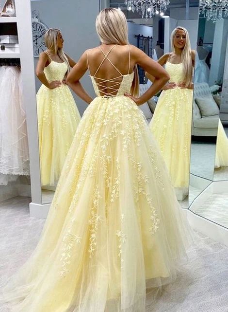 Hot Yellow Tulle Lace Long Formal Prom Dresses Party Dresses