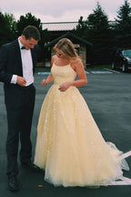 Hot Yellow Tulle Lace Long Formal Prom Dresses Party Dresses