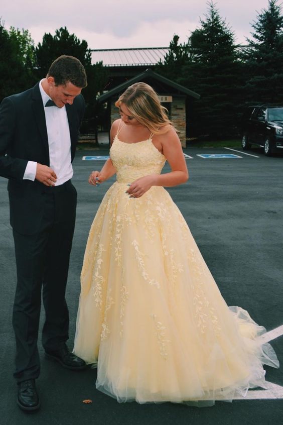 Hot Yellow Tulle Lace Long Formal Prom Dresses Party Dresses