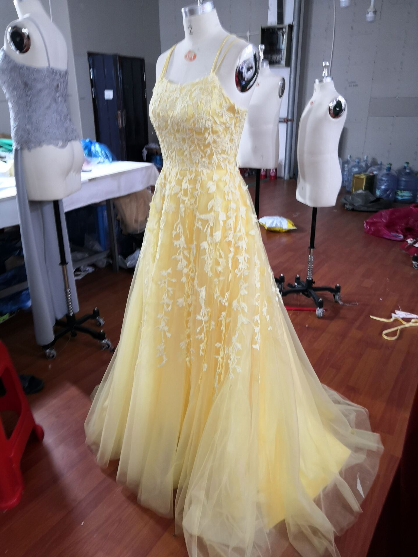 Hot Yellow Tulle Lace Long Formal Prom Dresses Party Dresses