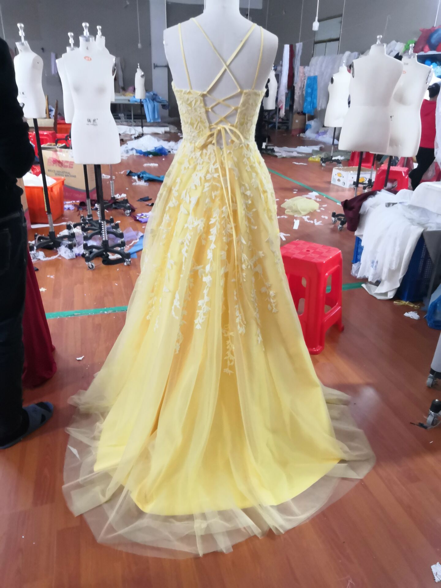 Hot Yellow Tulle Lace Long Formal Prom Dresses Party Dresses
