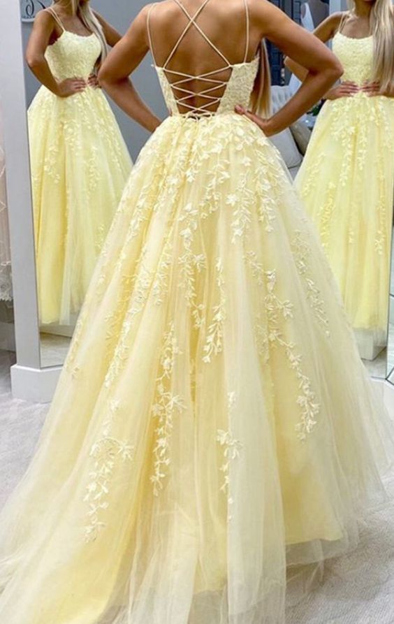 Hot Yellow Tulle Lace Long Formal Prom Dresses Party Dresses Main image