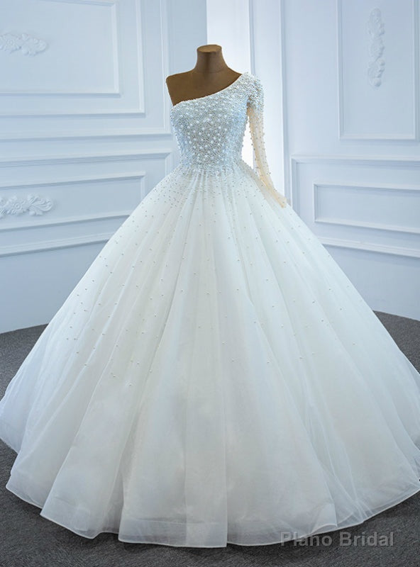 Hottest Items White Tulle One Shoulder Long Sleeve Pearls Wedding Dress Main image