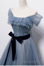 Blue Off the Shoulder Tulle Long Formal Prom Dresses with Sash, Sparkly Formal Gown