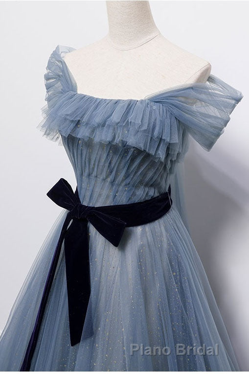 Blue Off the Shoulder Tulle Long Formal Prom Dresses with Sash, Sparkly Formal Gown