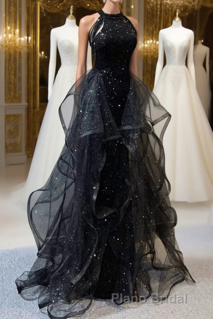 A-Line Formal Prom Dresses Vintage Dresses Wedding Guest Wedding Party Sweep / Brush Train Sleeveless Halter Neck Wednesday Addams Family Sequined with Crystals Sequin Ruffles Masquerade Dresses Main image