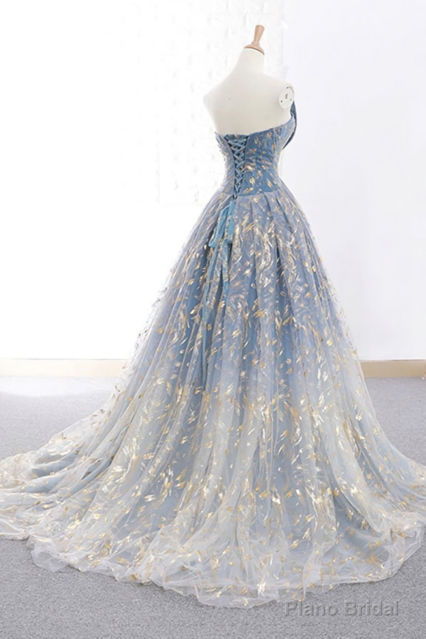 Elegant A Line Blue Tulle Long Strapless Lace Up Gold Evening Dress, Prom Dresses, Js223 Secondary image