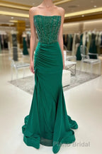 Hunter Green Mermaid Strapless Beaded Pleated Long Formal Prom Dresses