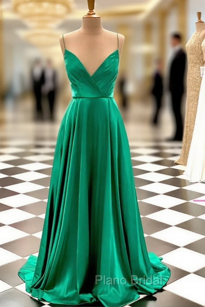 Hunter Green Formal Prom Dresses, A-line V Neck Spaghetti Straps Sweep Train Charmeuse Formal Prom Dresses With Pleated